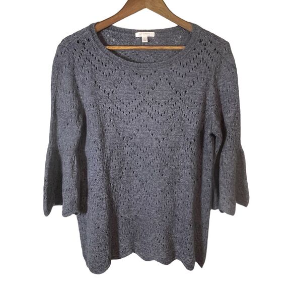 LC Lauren Conrad Blue Open Knit Bell Sleeve Sweater Womens Size Large Crochet - Picture 1 of 9